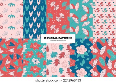 Vintage style seamless patterns. Leaves and flowers in blue, turquoise and red tones. Repeating flower design for paper, cover, fabric, interior decor and textile users. Vector illustration. 