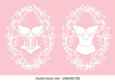 vintage style seductive elegant bra corset lingerie among sakura blossom branches - woman luxurious underwear monochrome vector design set
