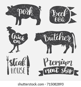 Vintage style set of retro badge, label, logo design templates for meat store, deli shop, butchery market, cafe or restaurant. Vector lettering design