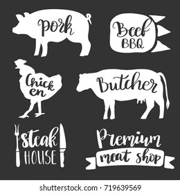 Vintage style set of retro badge, label, logo design templates for meat store, charcuterie, deli shop, butchery market, cafe or restaurant. Vector lettering design