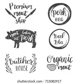 Vintage style set of retro badges, labels, logo design templates for meat store, deli shop, butchery market, cafe or restaurant. Vector lettering design