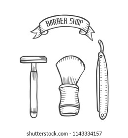 Vintage Style Shaving Accessories Set Razor and Brush Hand Draw Sketch. Doodle Drawing for Barbershop Vector illustration