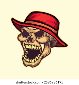 Vintage style side view skull open mouth with hat.