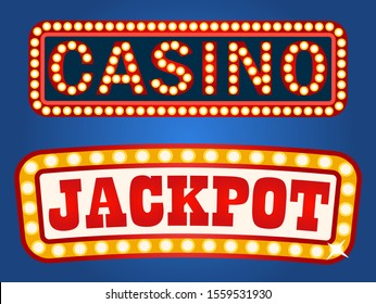 Vintage style of signboards with electric bulbs vector, isolated casino and jackpot inscription. Signs attracting attention, glowing and shining banners