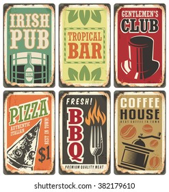 Vintage Style Signs. Retro Metal Signs Vector Set. Irish Pub, Pizzeria, Tropical Bar, Gentlemen S Club, Barbecue, Coffee House. Without Drop Shadow, Transparency And Gradients, Only Fill Colors.