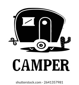 Vintage style silhouette of a camper trailer and cactus.