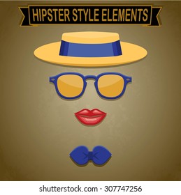 Vintage style silhouette of hat, lips, bow tie and glasses.