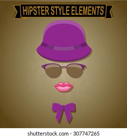 Vintage style silhouette of hat, lips, bow tie and glasses.