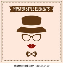 Vintage style silhouette of hat, lips, bow tie and glasses.