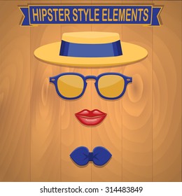 Vintage style silhouette of hat, lips, bow tie and glasses.