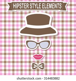 Vintage style silhouette of hat, lips, bow tie and glasses.