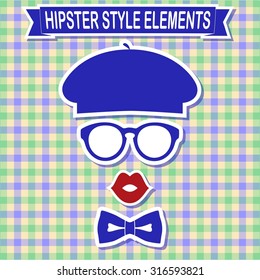 Vintage style silhouette of hat, lips, bow tie and glasses.