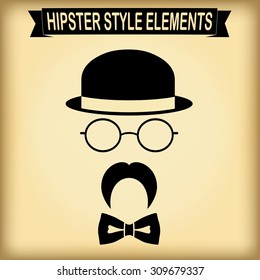 Vintage style silhouette of hat, mustaches, glasses and a bow tie.