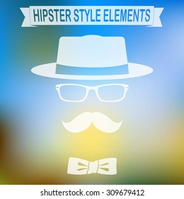 Vintage style silhouette of hat, mustaches, glasses and a bow tie.