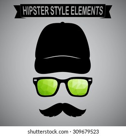 Vintage style silhouette of hat, mustaches and glasses.