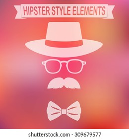 Vintage style silhouette of hat, mustaches, glasses and a bow tie.