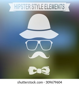 Vintage style silhouette of hat, mustaches, glasses and a bow tie.