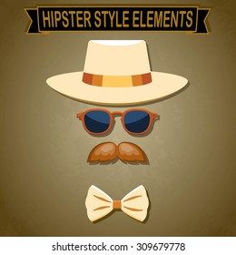 Vintage style silhouette of hat, mustaches, glasses and a bow tie.