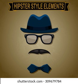 Vintage style silhouette of hat, mustaches, glasses and a bow tie.