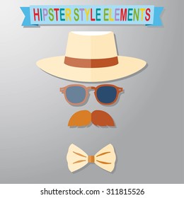 Vintage style silhouette of hat, mustaches, glasses and a bow tie.