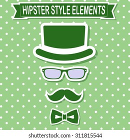 Vintage style silhouette of hat, mustaches, glasses and a bow tie.
