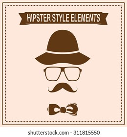 Vintage style silhouette of hat, mustaches, glasses and a bow tie.