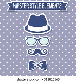 Vintage style silhouette of hat, mustaches, glasses and a bow tie.