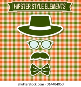 Vintage style silhouette of hat, mustaches, glasses and a bow tie.