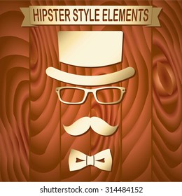 Vintage style silhouette of hat, mustaches, glasses and a bow tie.