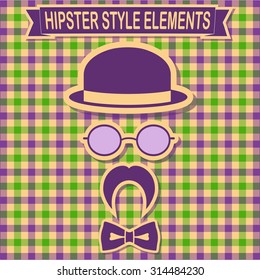 Vintage style silhouette of hat, mustaches, glasses and a bow tie.