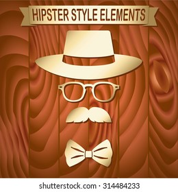 Vintage style silhouette of hat, mustaches, glasses and a bow tie.