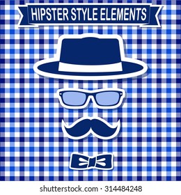 Vintage style silhouette of hat, mustaches, glasses and a bow tie.