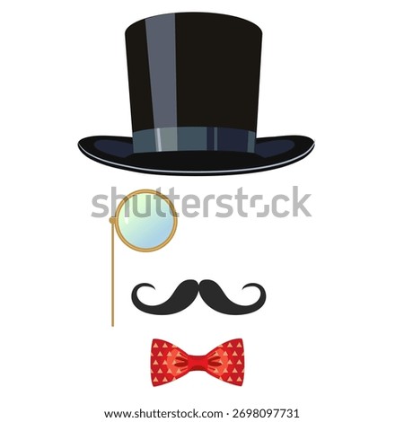 vintage style silk hat bow- tie, monocle isolated on white background