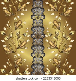 In vintage style. Sketch, scribble, doodle on yellow, gray and brown colors. Geometric pattern. Vector. Seamless ornament. Linear pattern. Lace pattern. Vector. Royal style. Repeated doodles.