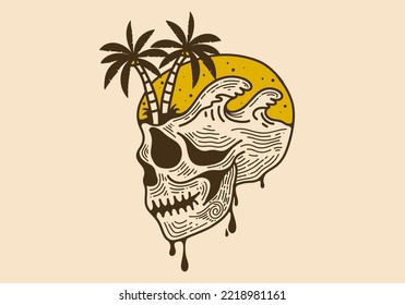 Vintage style skull with beach illustration on it