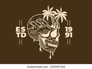 Vintage style skull with beach illustration on it