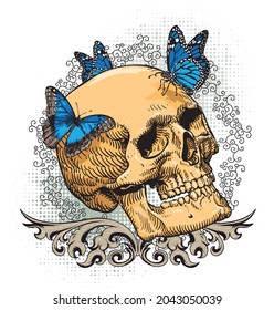 Vintage style skull with butterflies