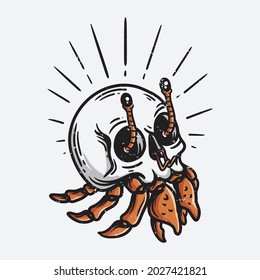 vintage style skull shell hermit crab illustration