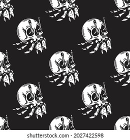 vintage style skull shell hermit crab seamless pattern on black background