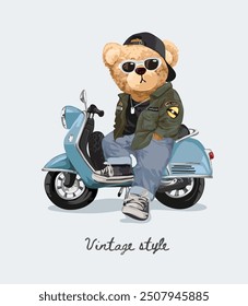 Eslogan de estilo vintage con muñeca de oso en Ilustración vectorial de scooter azul