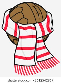 Vintage style soccer ball illustration with red and white striped scarf around it. Unique and interesting cartoon design, suitable for sports, soccer themes or illustrations with a retro touch.