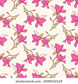 Vintage Style Spring Blossom Floral Hand Drawn Seamless Pattern Background. Vector Illustration