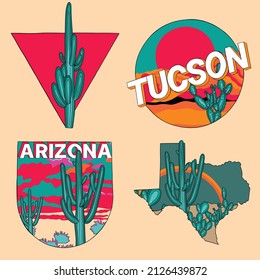 Vintage style sticker set. Arizona, Tucson, Saguaro national park, Texas.