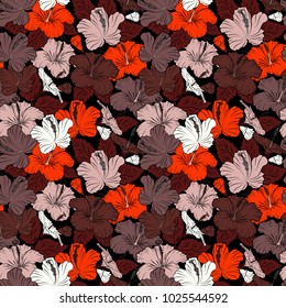 Vintage style. Stock vector illustration. Seamless pattern of abstrat hibiscus flowers in brown and black colors.