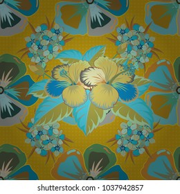 Vintage style. Stock vector illustration. Seamless pattern of abstrat hibiscus flowers in blue and yellow colors.