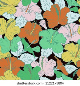 Vintage style. Stock vector illustration. Seamless pattern of abstrat hibiscus flowers in green and orange colors.