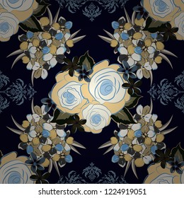 Vintage style. Stock vector illustration. Seamless pattern of abstrat primula flowers in black, gray and blue colors.