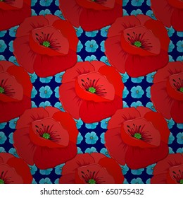 Vintage style. Stock vector illustration. Seamless pattern of abstrat poppy flowers on a blue background.