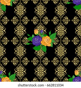 Vintage style. Stock vector illustration. Seamless pattern of abstrat rose flowers and green leaves on a black background.