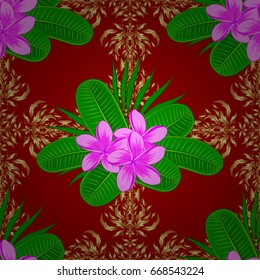 Vintage style. Stock vector illustration. Seamless pattern of abstrat plumeria flowers on a red background.